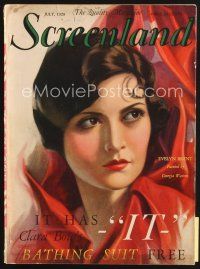 5b101 SCREENLAND magazine July 1928 cool art of beautiful Evelyn Brent by Georgia Warren!