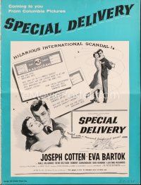 5b414 SPECIAL DELIVERY pressbook '55 Cotten & Eva Bartok in a hilarious international scandal!