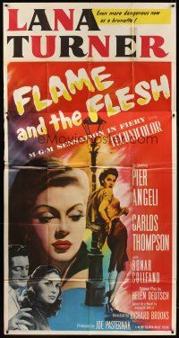 5c579 FLAME & THE FLESH 3sh '54 artwork of sexy brunette bad girl Lana Turner, plus Pier Angeli!