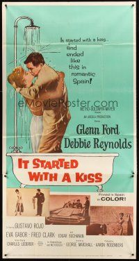 5c620 IT STARTED WITH A KISS 3sh '59 Glenn Ford & Debbie Reynolds kissing in shower in Spain!