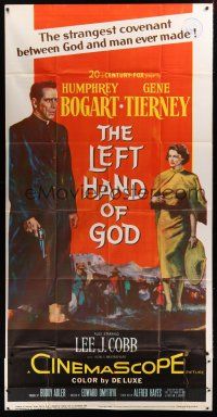 5c632 LEFT HAND OF GOD 3sh '55 artwork of priest Humphrey Bogart holding gun + sexy Gene Tierney!