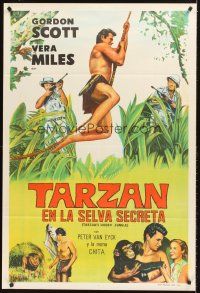 5c516 TARZAN'S HIDDEN JUNGLE Argentinean '55 artwork of Gordon Scott as Tarzan swinging on vine!