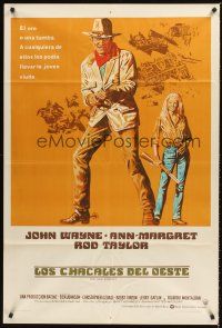 5c533 TRAIN ROBBERS Argentinean '73 great full-length art of cowboy John Wayne & sexy Ann-Margret!