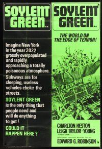 5c014 SOYLENT GREEN English 40x60 '73 art of Charlton Heston running from riot control by Solie!
