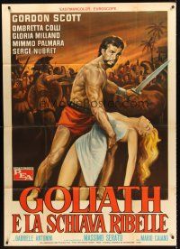 5c268 GOLIATH & THE REBEL SLAVE Italian 1p '63 art of barechested Gordon Scott holding sexy girl!