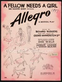 5e252 ALLEGRO stage play sheet music '47 Rodgers & Hammerstein, A Fellow Needs a Girl!