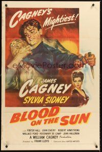 5f231 BLOOD ON THE SUN 1sh '45 great artwork of James Cagney in fight, plus sexy Sylvia Sidney!