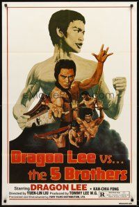 5f349 DRAGON LEE VS THE 5 BROTHERS 1sh '78 Wu da di zi, kung fu Bruce Lee ripoff art by Marcus!