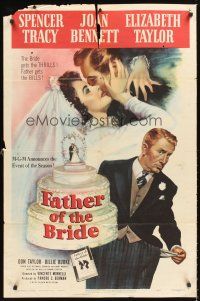 5f391 FATHER OF THE BRIDE 1sh '50 art of Liz Taylor in wedding gown & broke Spencer Tracy!