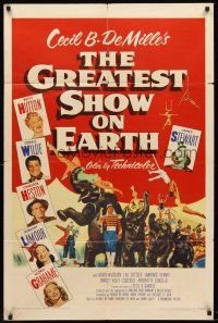 5f439 GREATEST SHOW ON EARTH 1sh '52 DeMille circus classic, Charlton Heston, James Stewart!