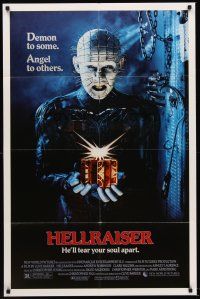 5f463 HELLRAISER 1sh '87 Clive Barker horror, great image of Pinhead, he'll tear your soul apart!