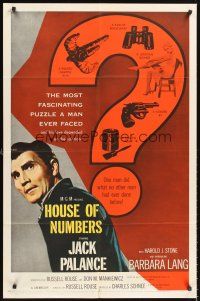 5f482 HOUSE OF NUMBERS 1sh '57 two Jack Palances, sexy Barbara Lang, most amazing get-away ever!