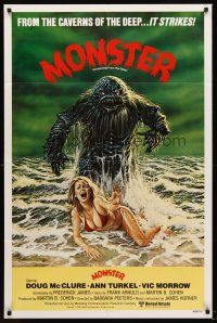 5f092 HUMANOIDS FROM THE DEEP int'l 1sh '80 art of monster looming over sexy girl on beach!
