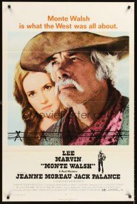 5f615 MONTE WALSH 1sh '70 super close up of cowboy Lee Marvin & pretty Jeanne Moreau!