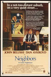 5f643 NEIGHBORS 1sh '81 wacky image of John Belushi, Dan Aykroyd, Cathy Moriarty!