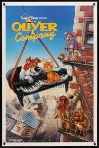5f662 OLIVER & COMPANY 1sh '88 great image of Walt Disney cats & dogs in New York City!