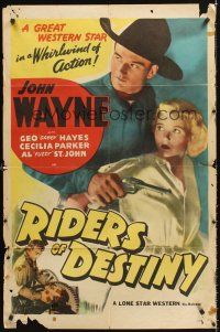 5f757 RIDERS OF DESTINY 1sh R47 John Wayne in a whirlwind of action, Cecilia Parker!
