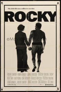 5f764 ROCKY 1sh '77 boxer Sylvester Stallone holding hands with Talia Shire, boxing classic!