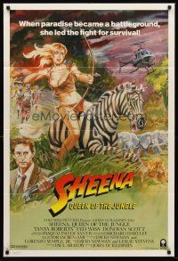 5f142 SHEENA int'l 1sh '84 artwork of sexy Tanya Roberts with bow & arrows riding zebra in Africa!