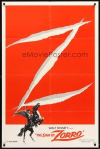 5f810 SIGN OF ZORRO 1sh R78 Walt Disney, art of masked hero Guy Williams on horseback!