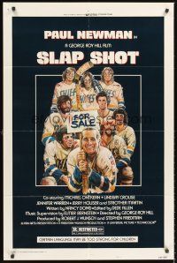 5f819 SLAP SHOT style A 1sh '77 hockey, Paul Newman & cool art of cast by Craig!