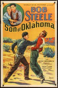 5f838 SON OF OKLAHOMA 1sh '32 great stone litho art of Bob Steele punching out bad guy!