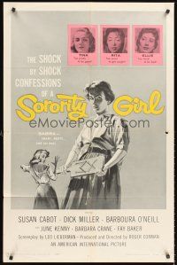 5f841 SORORITY GIRL 1sh '57 AIP, the shock by shock confessions of a bad girl, great art!