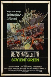 5f146 SOYLENT GREEN int'l 1sh '73 art of Charlton Heston trying to escape riot control by Solie!