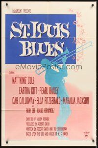 5f853 ST. LOUIS BLUES 1sh '58 Nat King Cole, Eartha Kitt, art of silhouette playing trombone!
