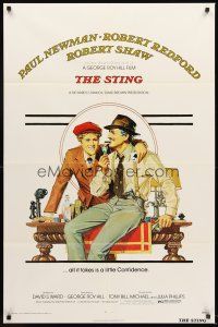 5f861 STING 1sh '74 best artwork of con men Paul Newman & Robert Redford by Richard Amsel!