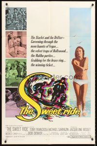 5f873 SWEET RIDE 1sh '68 1st Jacqueline Bisset standing topless in bikini, cool surfing art!