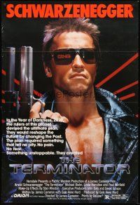 5f892 TERMINATOR 1sh '84 super close up of most classic cyborg Arnold Schwarzenegger with gun!