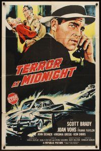 5f893 TERROR AT MIDNIGHT 1sh '56 Scott Brady, Joan Vohs, film noir, cool car crash art!