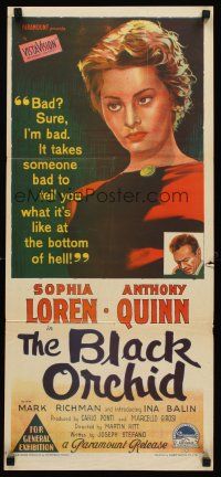 5g419 BLACK ORCHID Aust daybill '59 Richardson Studio stone litho of Sophia Loren & Anthony Quinn!