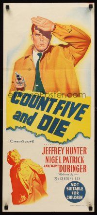 5g447 COUNT FIVE & DIE Aust daybill '58 stone litho of spy Jeffrey Hunter with gun!