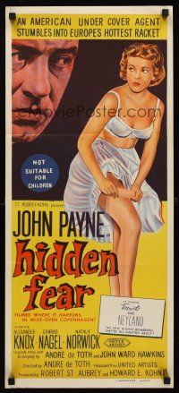 5g520 HIDDEN FEAR Aust daybill '57 John Payne looks at sexy Anne Neyland putting on stockings!