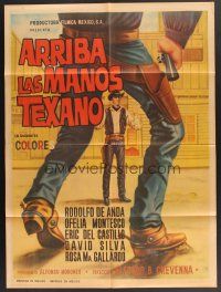 5g030 ARRIBA LAS MANOS TEXANO Mexican poster '69 cool artwork of cowboys duelling outside saloon!