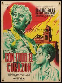 5g038 CON TODO EL CORAZON Mexican poster '52 Mendoza art of priest holding baby by destroyed church