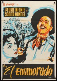 5g051 EL ENAMORADO Mexican poster R60s art of laughing man with 2 guns & sexy babe by Pena!