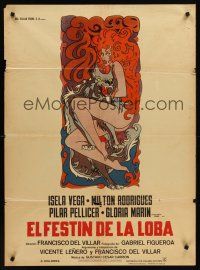 5g052 EL FESTIN DE LA LOBA Mexican poster '72 great wild artwork of naked feral woman & wolf!