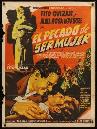 5g056 EL PECADO DE SER MUJER Mexican poster '55 art of Tito Guizar romancing Alma Rosa Aguirre!