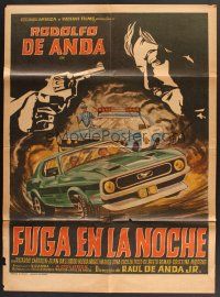 5g066 FUEGA EN LA NOCHE Mexican poster '73 cool artwork of police car chasing a Ford Mustang!