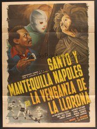 5g091 LA VENGANZA DE LA LLORONA Mexican poster '74 art of masked Mexican wrestler Santo & zombie!