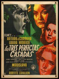 5g097 LAS TRES PERFECTAS CASADAS Mexican poster '52 Renau art of Arturo de Cordova & pretty women!