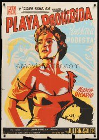 5g115 PLAYA PROHIBIDA Mexican poster R60s cool silkscreen art of sexy Rossana Podesta!