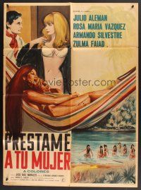 5g117 PRESTAME A TU MUJER Mexican poster '69 art of lovers in hammock + topless girls in lake!