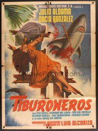 5g131 TIBURONEROS Mexican poster '63 cool art of man rescuing sexy girl from shark by Mendoza!