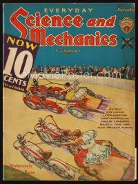 5h125 EVERYDAY SCIENCE & MECHANICS magazine September 1934 cool art of motorcycle chariot race!