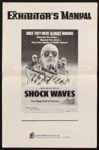 5h384 SHOCK WAVES pressbook '77 Peter Cushing, cool art of wacky ocean zombies terrorizing boat!