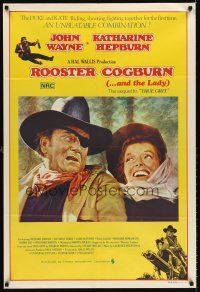 5j092 ROOSTER COGBURN Aust 1sh '75 great art of John Wayne with eye patch & Katharine Hepburn!